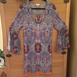 Paisley Bell-Sleeve Long Sleeve Dress in Blue & Orange